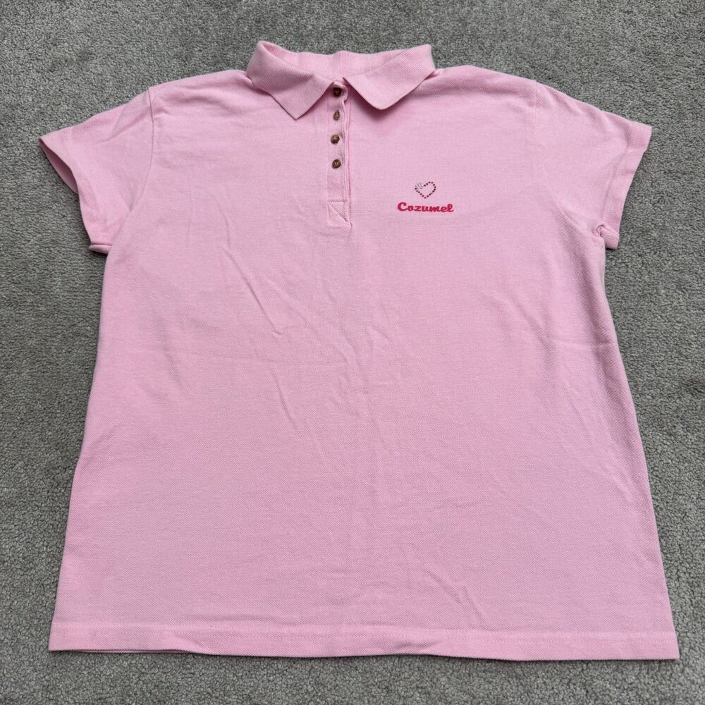 Ultramar Conzumel Mexico Souvenir Polo Shirt JR XL Pink Rhinestone Heart Bling